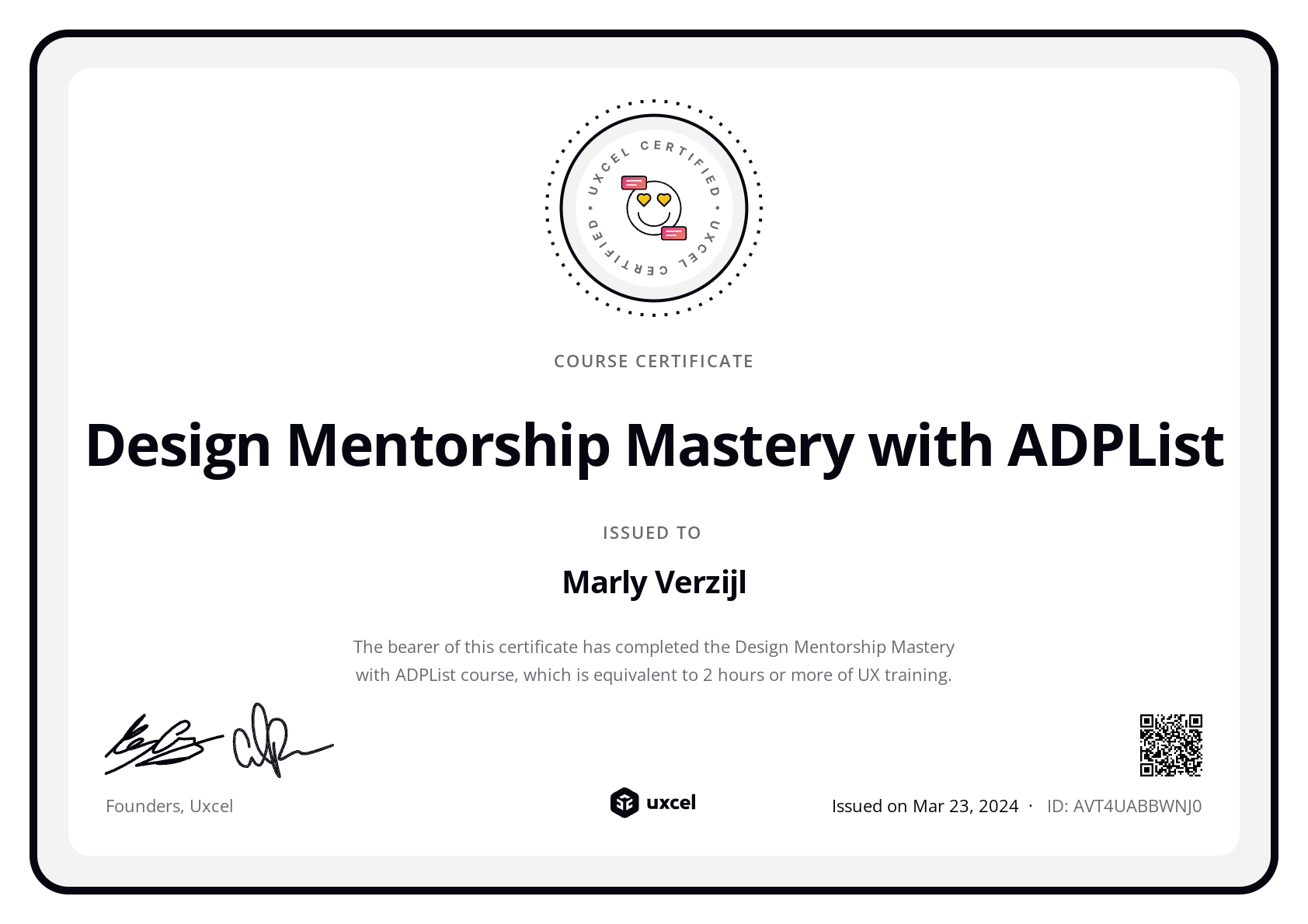 Marly Verzijl's certificate